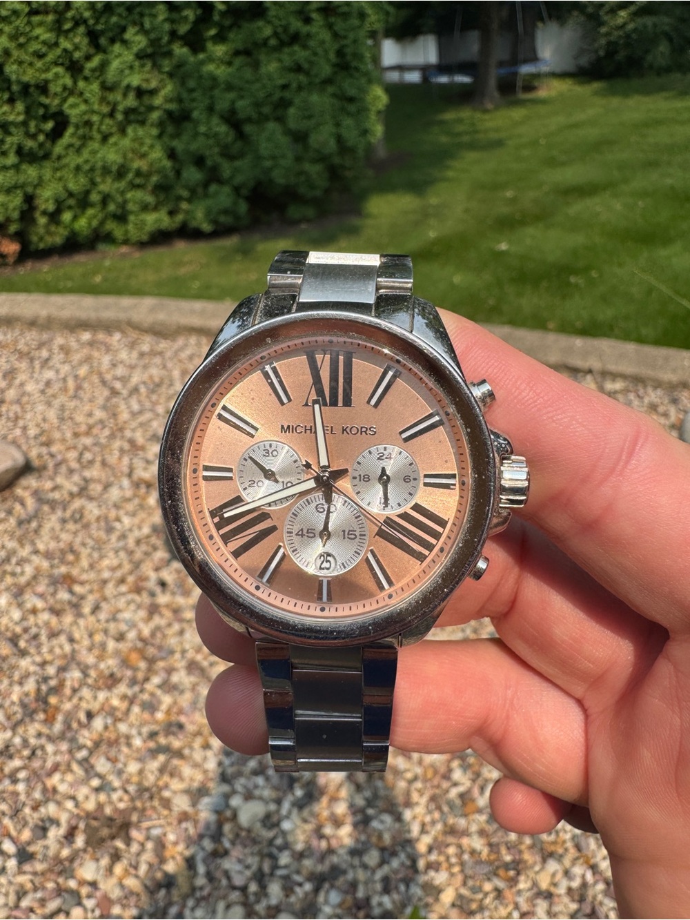 Michael Kors women’s  Silver Watch with Rose Gold Dial and Chronograph